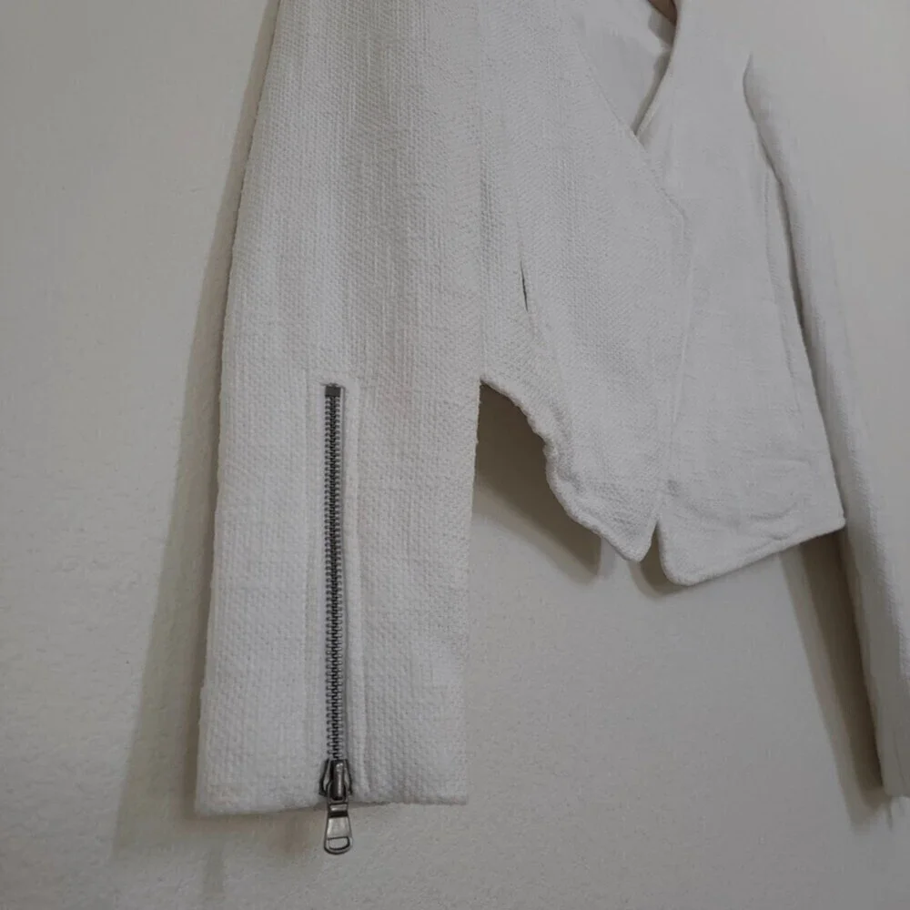 TIBI NY 100% Cotton Cropped Asymmetrical Knit Moto Jacket White 6 Quirt Luxury